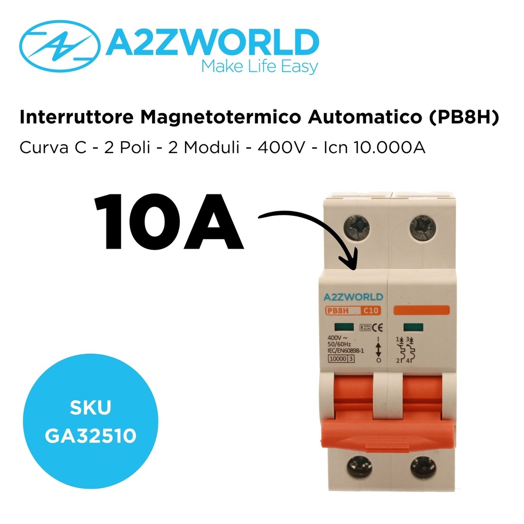 MCB Interruttore Magnetotermico Automatico Curva C 2P 2M 10000A C10A AC 400V IP20 IEC60898-1 PB8H
