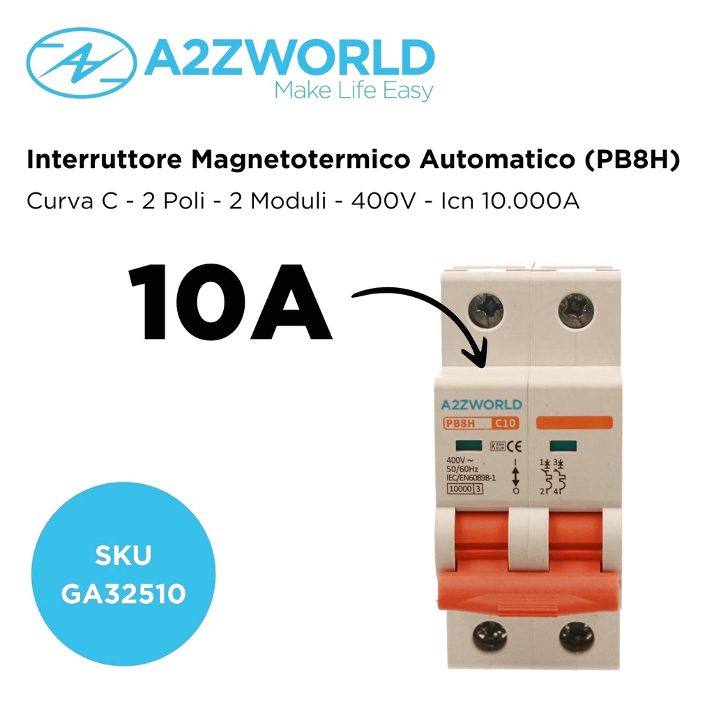 MCB Interruttore Magnetotermico Automatico Curva C 2P 2M 10000A C10A AC 400V IP20 PB8H