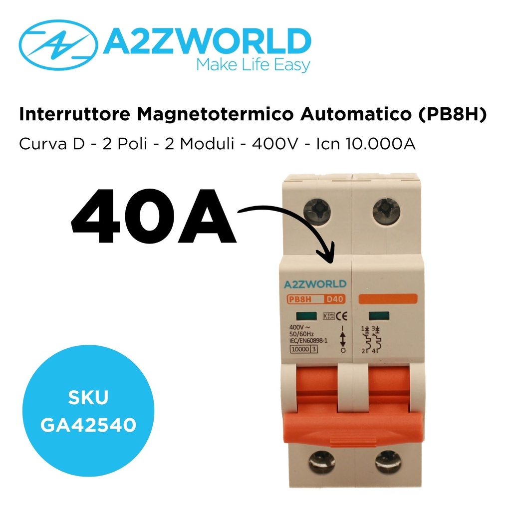 MCB Interruttore Magnetotermico Automatico Curva D 2P 2M 10000A D40A AC 400V IP20 IEC60898-1 PB8H