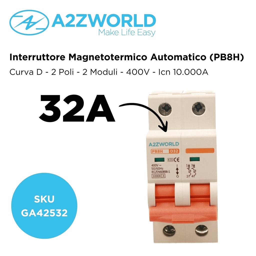 MCB Interruttore Magnetotermico Automatico Curva D 2P 2M 10000A D32A AC 400V IP20 PB8H