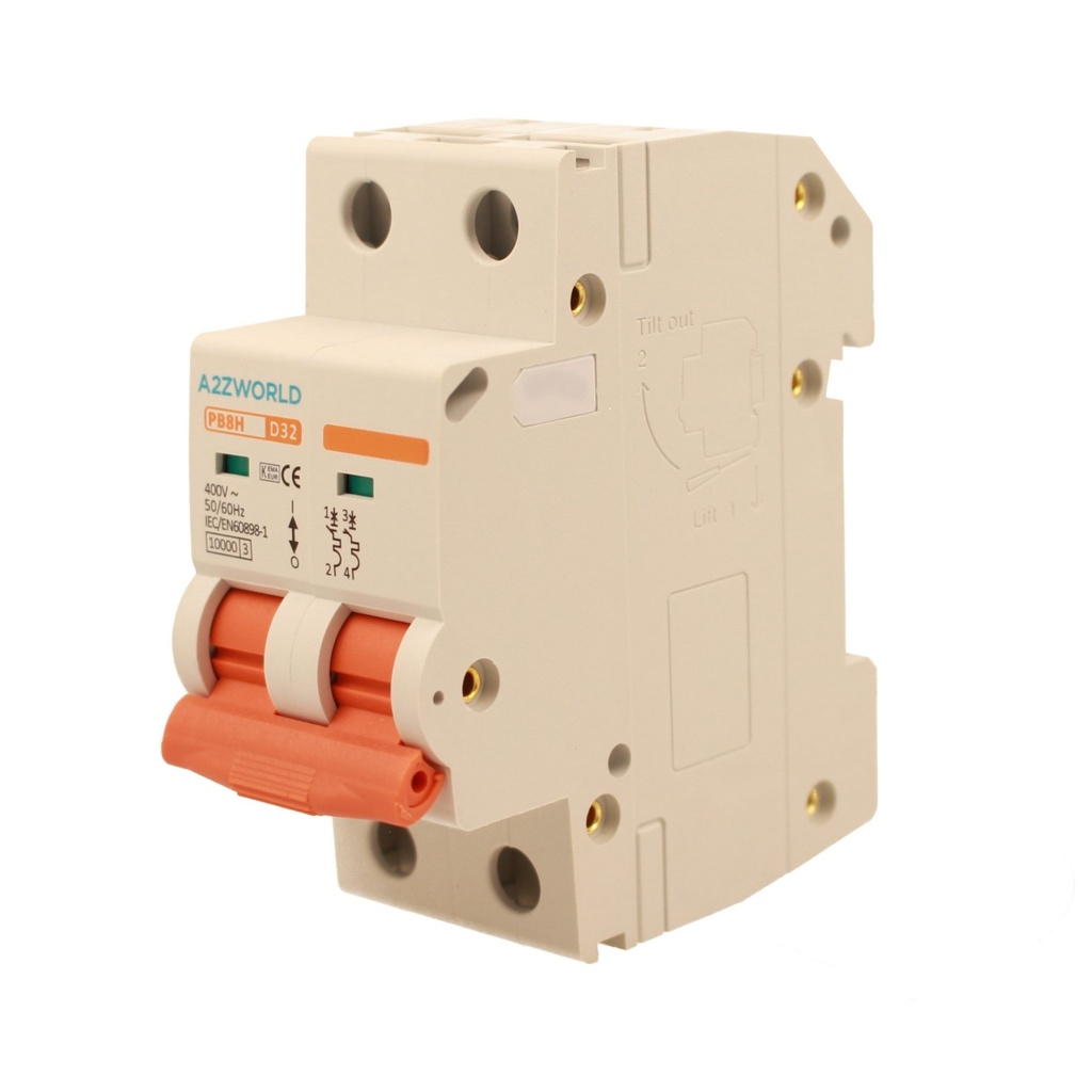 A2ZWORLD MCB Interruttore Magnetotermico Automatico Curva D 2P 2M 10000A D32A AC 400V IP20 IEC60898-1 PB8H