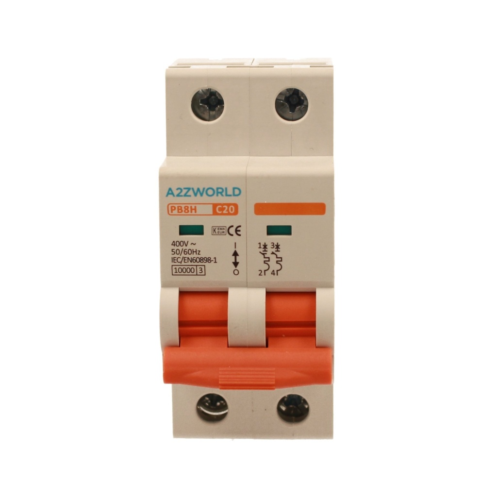 A2ZWORLD MCB Interruttore Magnetotermico Automatico Curva C 2P 2M 10000A C20A AC 400V IP20 IEC60898-1 PB8H