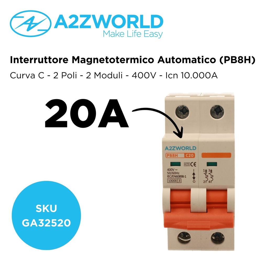 MCB Interruttore Magnetotermico Automatico Curva C 2P 2M 10000A C20A AC 400V IP20 IEC60898-1 PB8H