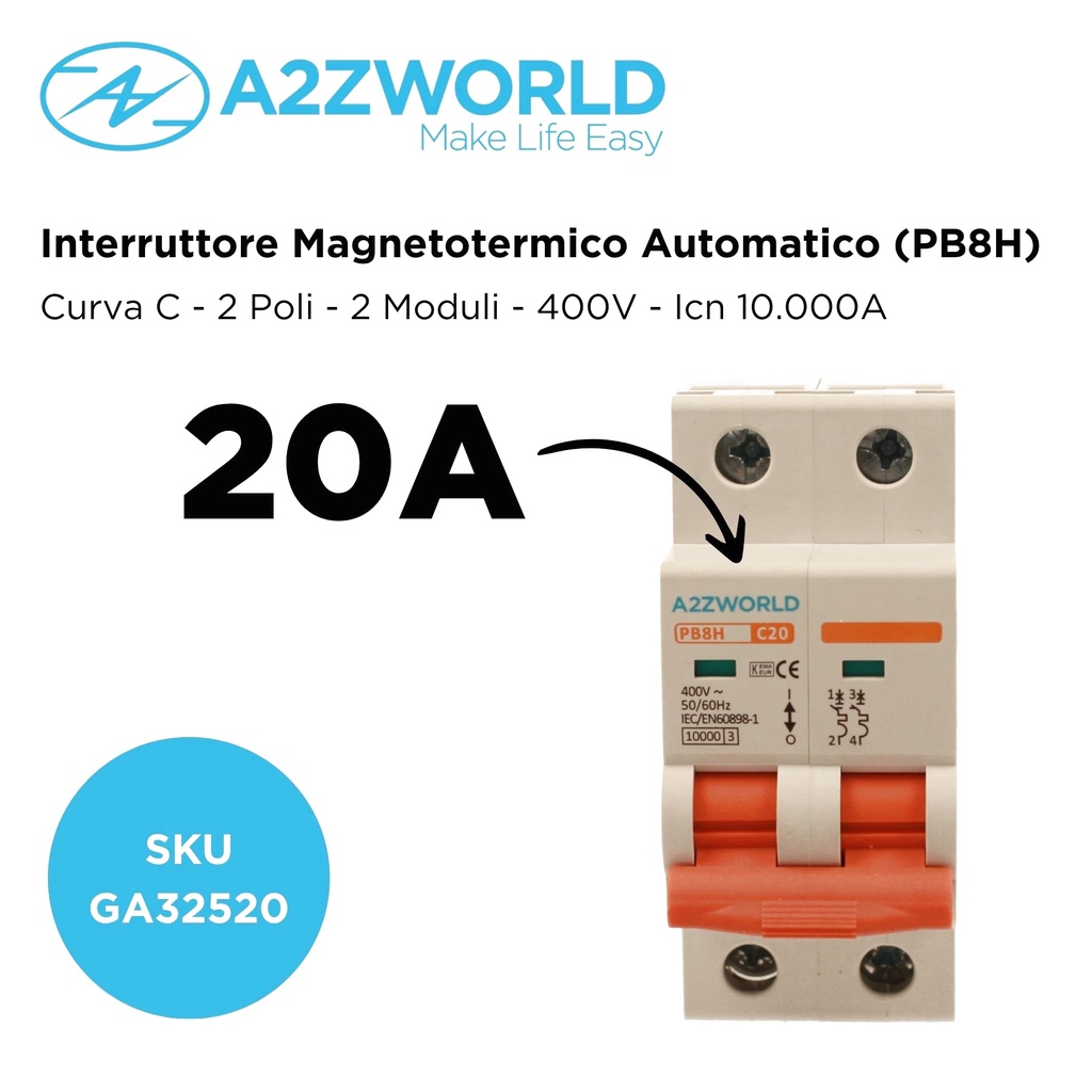 MCB Interruttore Magnetotermico Automatico Curva C 2P 2M 10000A C20A AC 400V IP20 PB8H