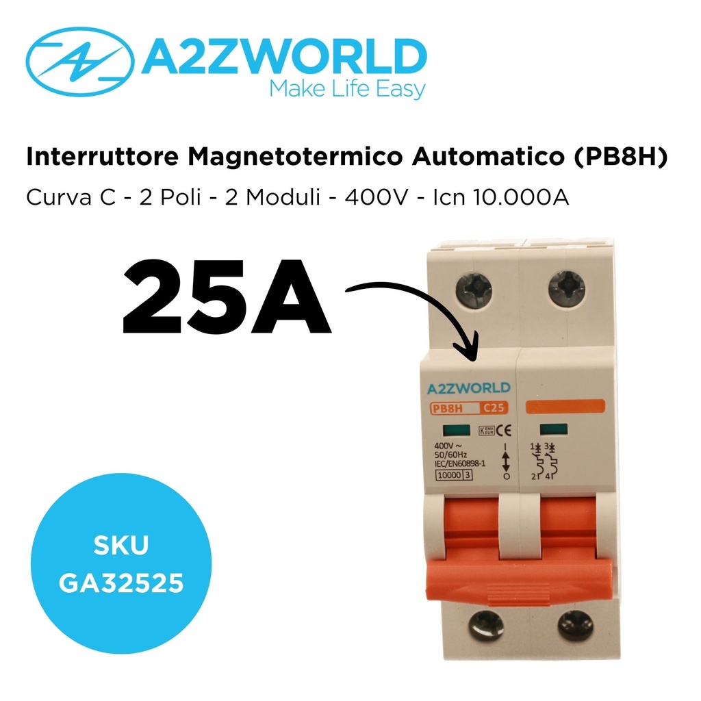 MCB Interruttore Magnetotermico Automatico Curva C 2P 2M 10000A C25A AC 400V IP20 IEC60898-1 PB8H