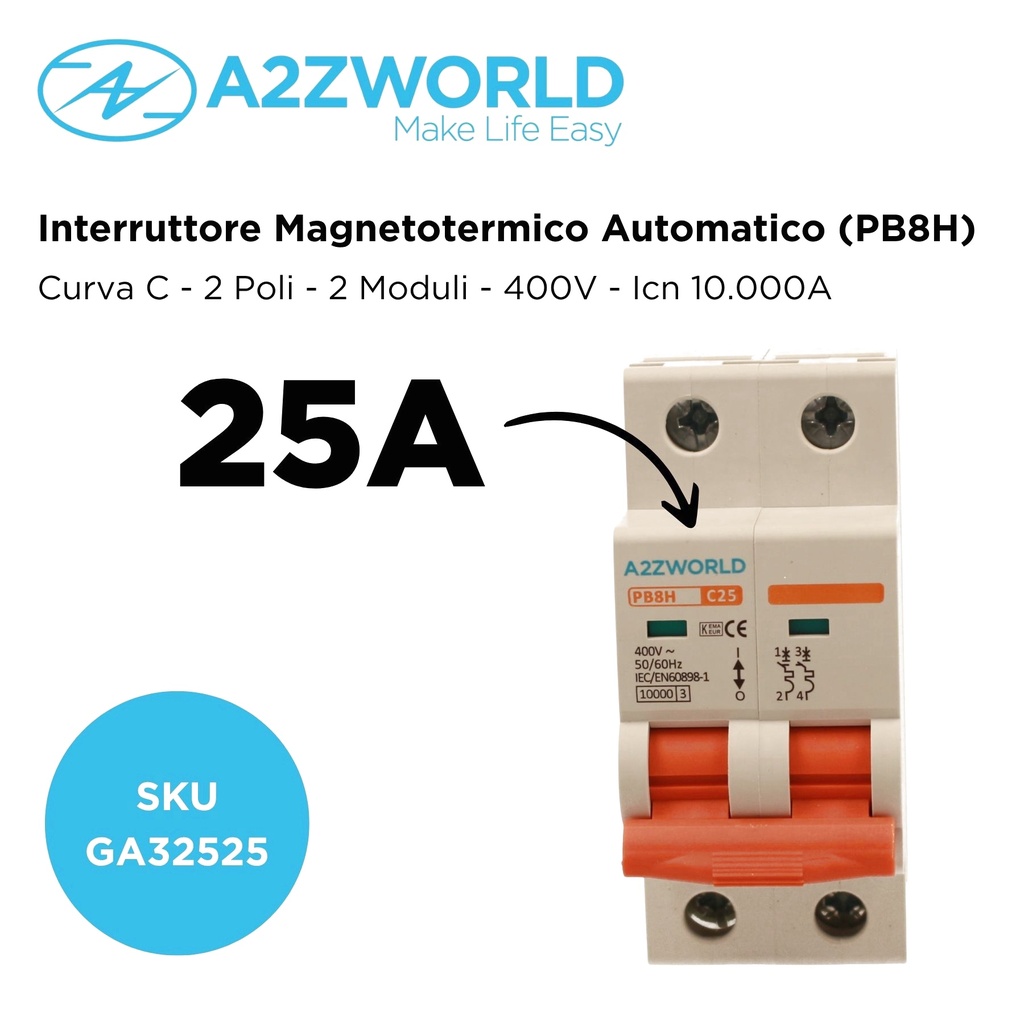 MCB Interruttore Magnetotermico Automatico Curva C 2P 2M 10000A C25A AC 400V IP20 PB8H