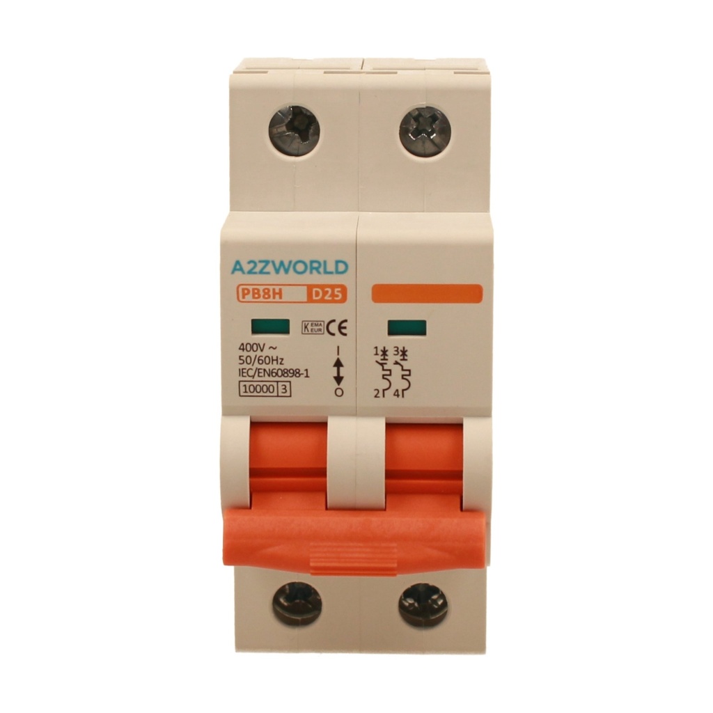 A2ZWORLD MCB Interruttore Magnetotermico Automatico Curva D 2P 2M 10000A D25A AC 400V IP20 IEC60898-1 PB8H