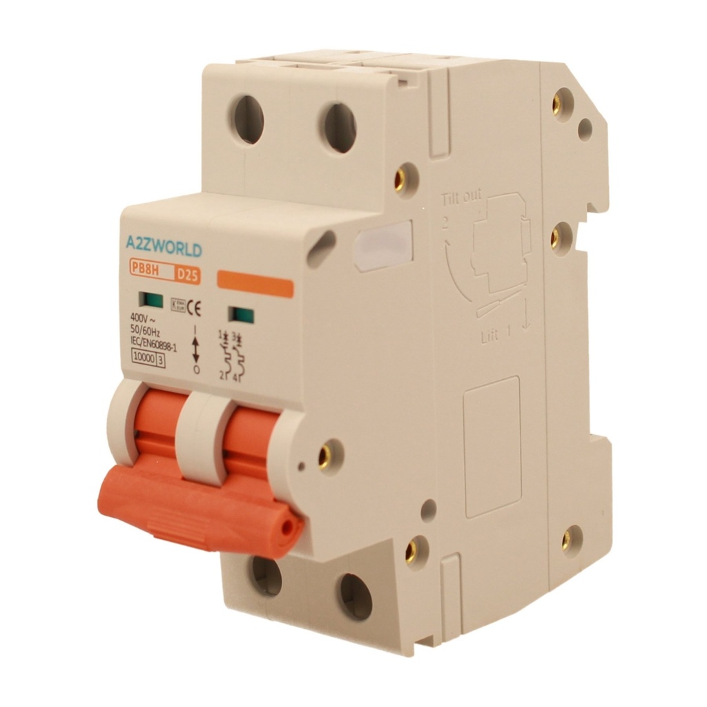A2ZWORLD MCB Interruttore Magnetotermico Automatico Curva D 2P 2M 10000A D25A AC 400V IP20 IEC60898-1 PB8H