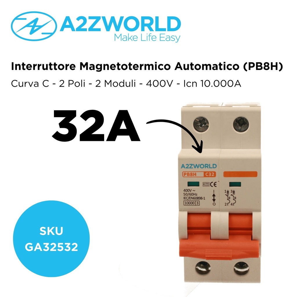 MCB Interruttore Magnetotermico Automatico Curva C 2P 2M 10000A C32A AC 400V IP20 IEC60898-1 PB8H