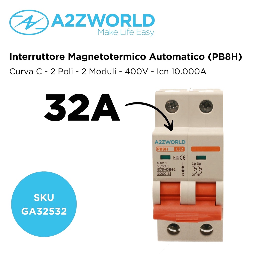 MCB Interruttore Magnetotermico Automatico Curva C 2P 2M 10000A C32A AC 400V IP20 PB8H