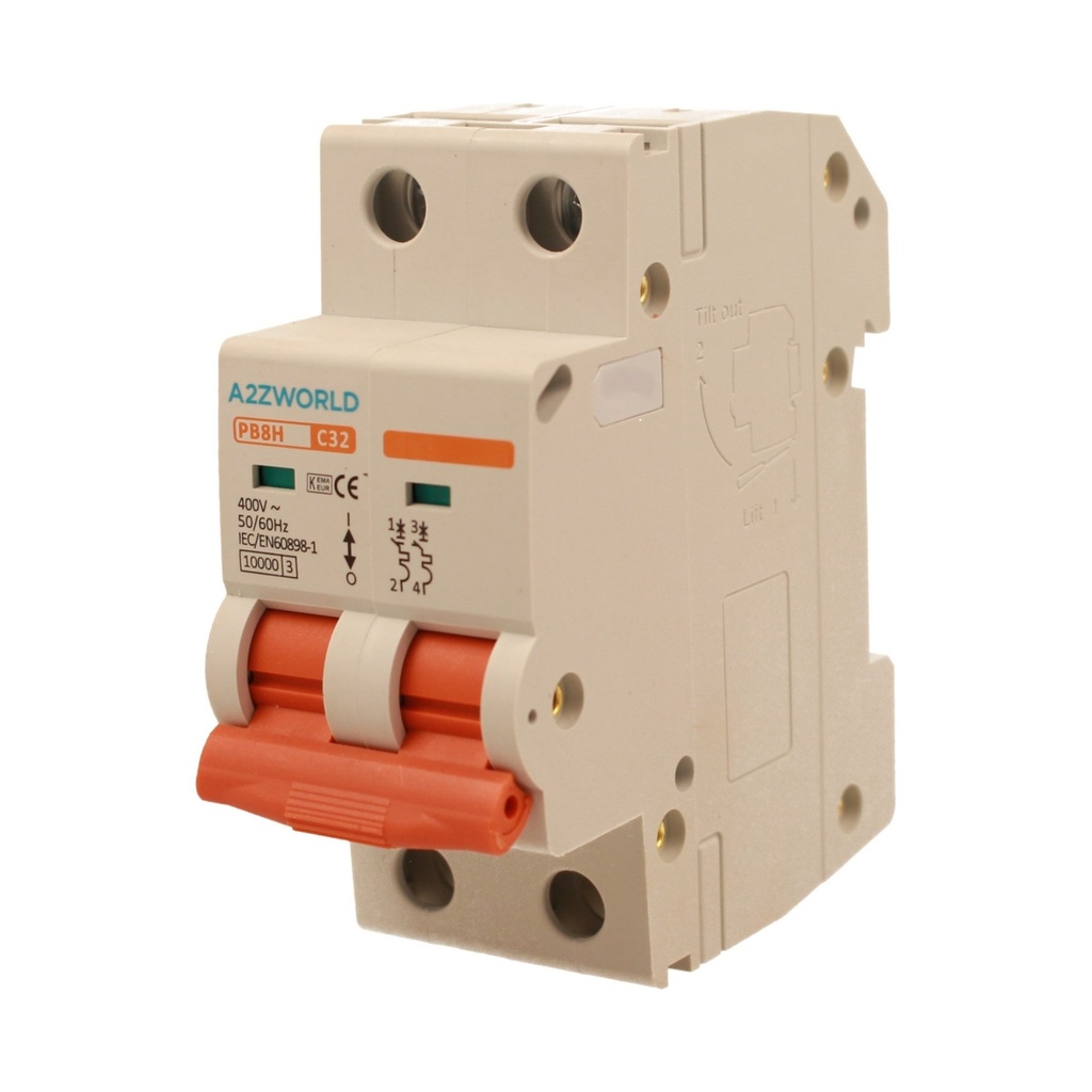 A2ZWORLD MCB Interruttore Magnetotermico Automatico Curva C 2P 2M 10000A C32A AC 400V IP20 IEC60898-1 PB8H