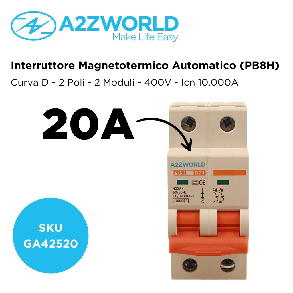 MCB Interruttore Magnetotermico Automatico Curva D 2P 2M 10000A D20A AC 400V IP20 IEC60898-1 PB8H