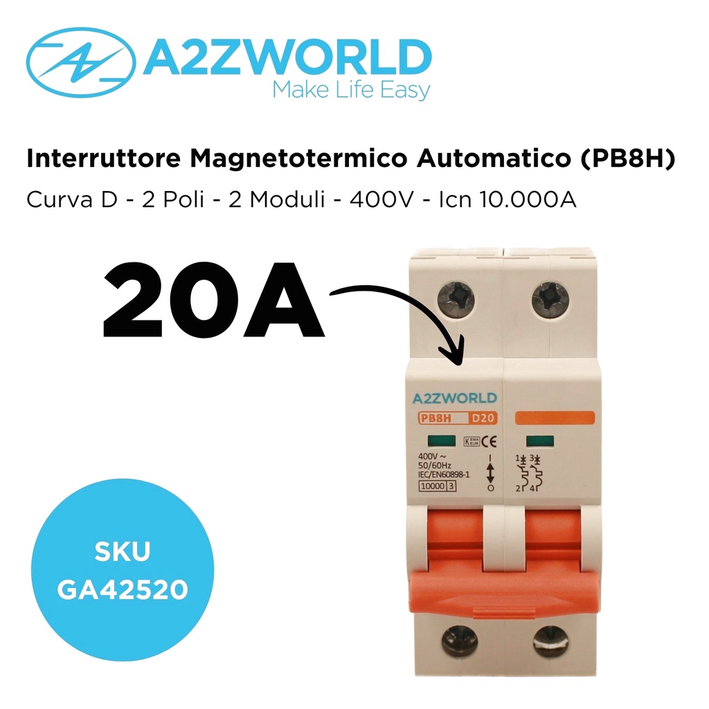 MCB Interruttore Magnetotermico Automatico Curva D 2P 2M 10000A D20A AC 400V IP20 PB8H