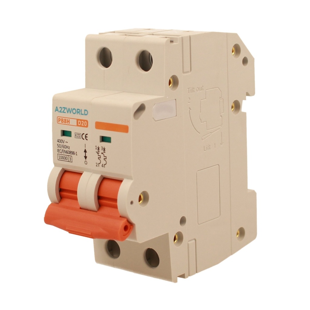 A2ZWORLD MCB Interruttore Magnetotermico Automatico Curva D 2P 2M 10000A D20A AC 400V IP20 IEC60898-1 PB8H