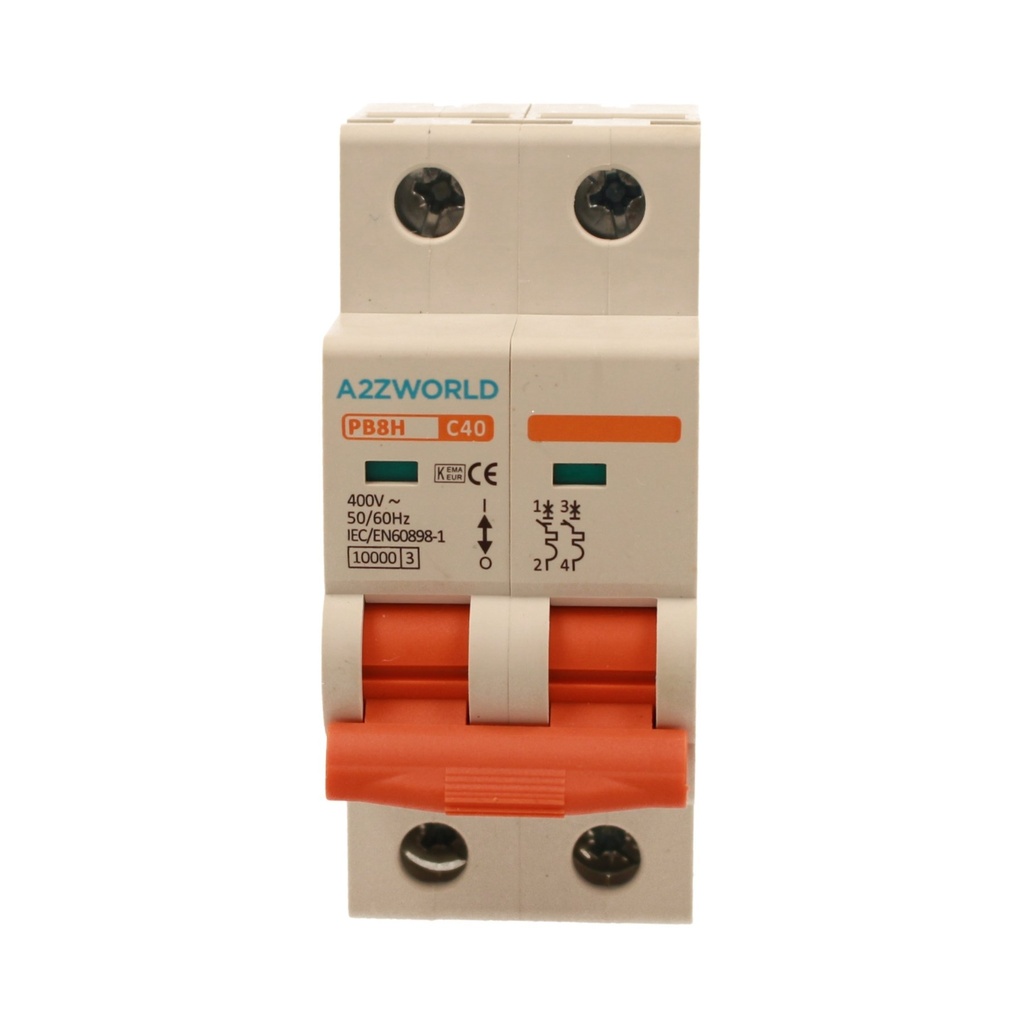 A2ZWORLD MCB Interruttore Magnetotermico Automatico Curva C 2P 2M 10000A C40A AC 400V IP20 IEC60898-1 PB8H