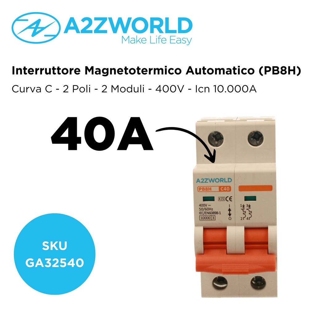 MCB Interruttore Magnetotermico Automatico Curva C 2P 2M 10000A C40A AC 400V IP20 IEC60898-1 PB8H