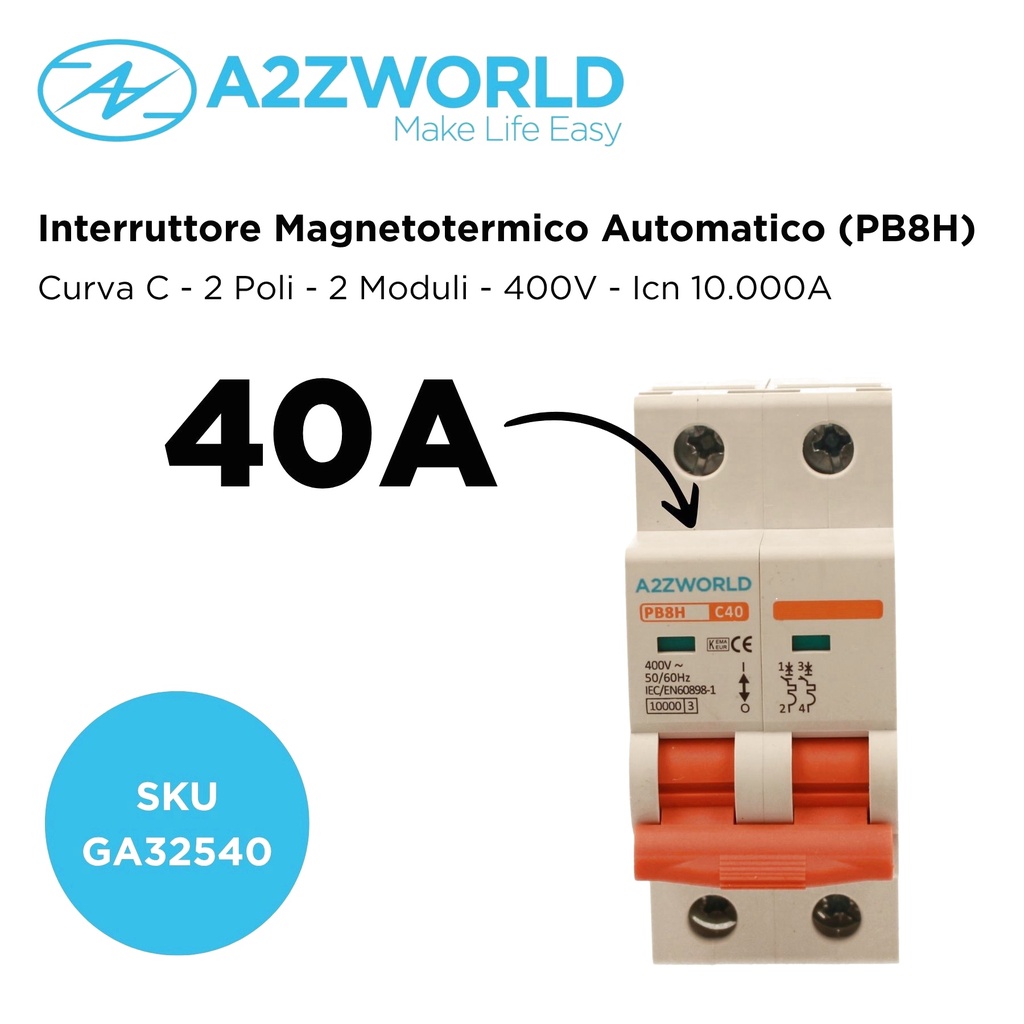 MCB Interruttore Magnetotermico Automatico Curva C 2P 2M 10000A C40A AC 400V IP20 PB8H