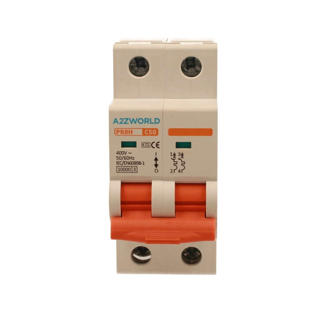 A2ZWORLD MCB Interruttore Magnetotermico Automatico Curva C 2P 2M 10000A C50A AC 400V IP20 IEC60898-1 PB8H