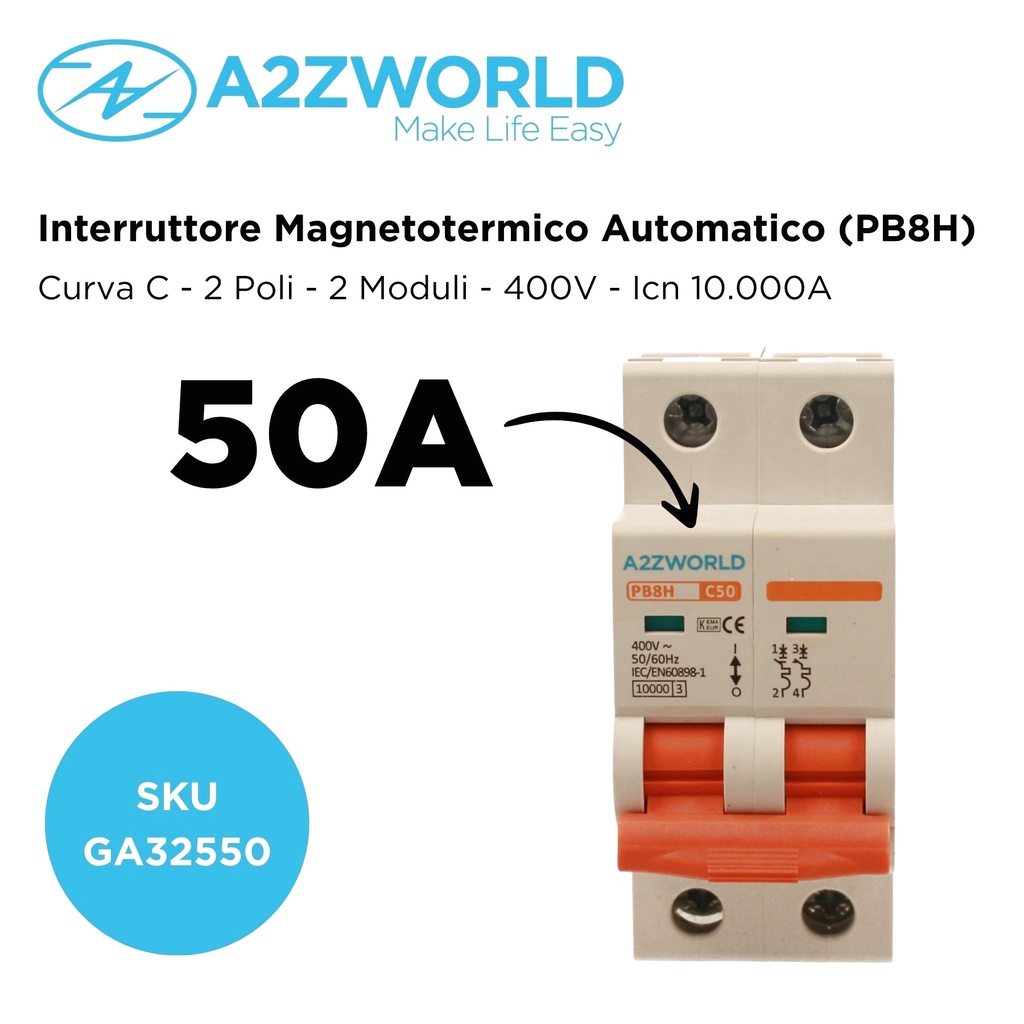 MCB Interruttore Magnetotermico Automatico Curva C 2P 2M 10000A C50A AC 400V IP20 PB8H