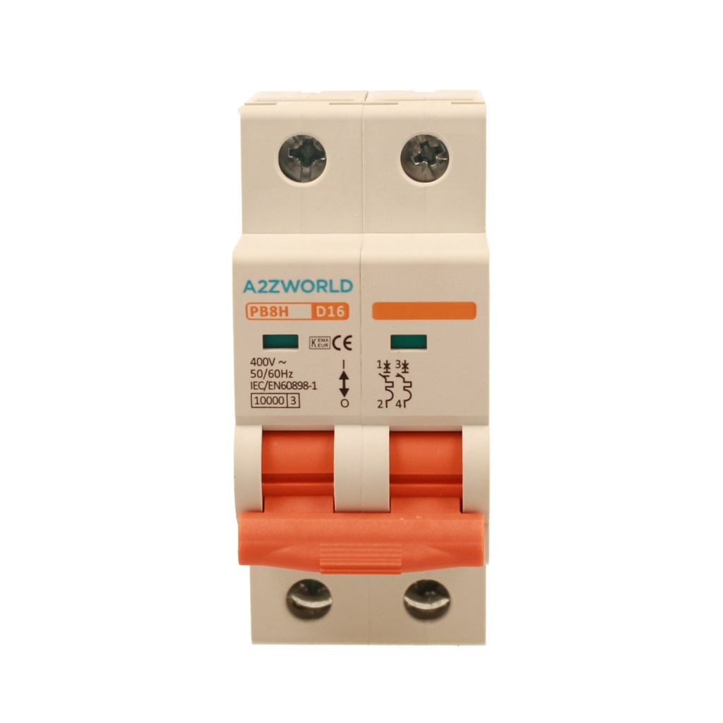 A2ZWORLD MCB Interruttore Magnetotermico Automatico Curva D 2P 2M 10000A D16A AC 400V IP20 IEC60898-1 PB8H