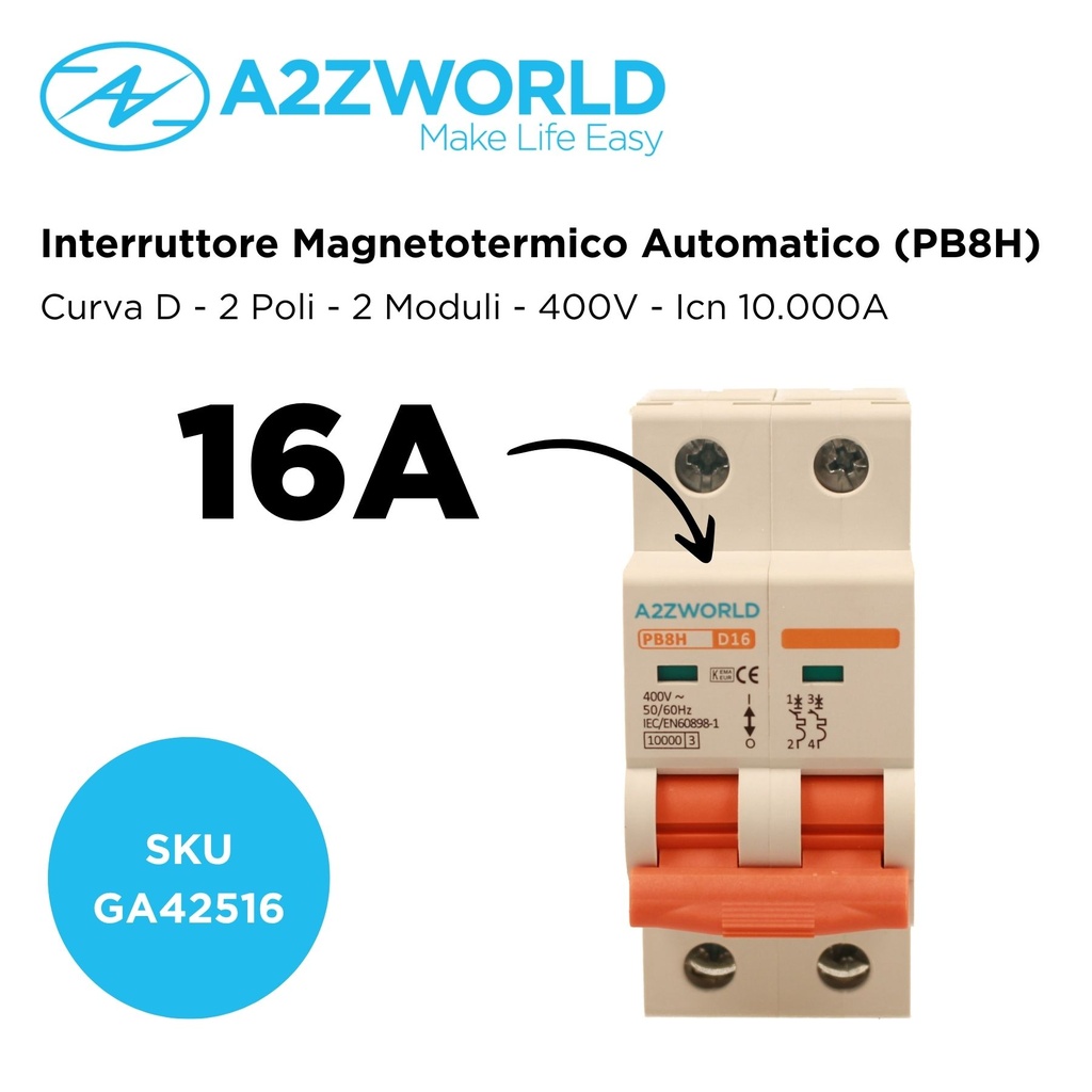 MCB Interruttore Magnetotermico Automatico Curva D 2P 2M 10000A D16A AC 400V IP20 IEC60898-1 PB8H