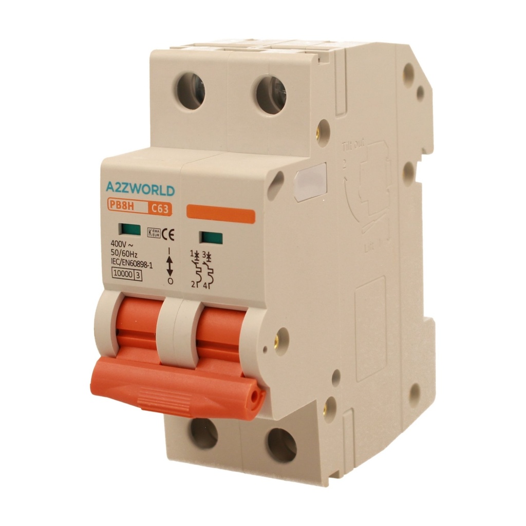 A2ZWORLD MCB Interruttore Magnetotermico Automatico Curva C 2P 2M 10000A C63A AC 400V IP20 IEC60898-1 PB8H