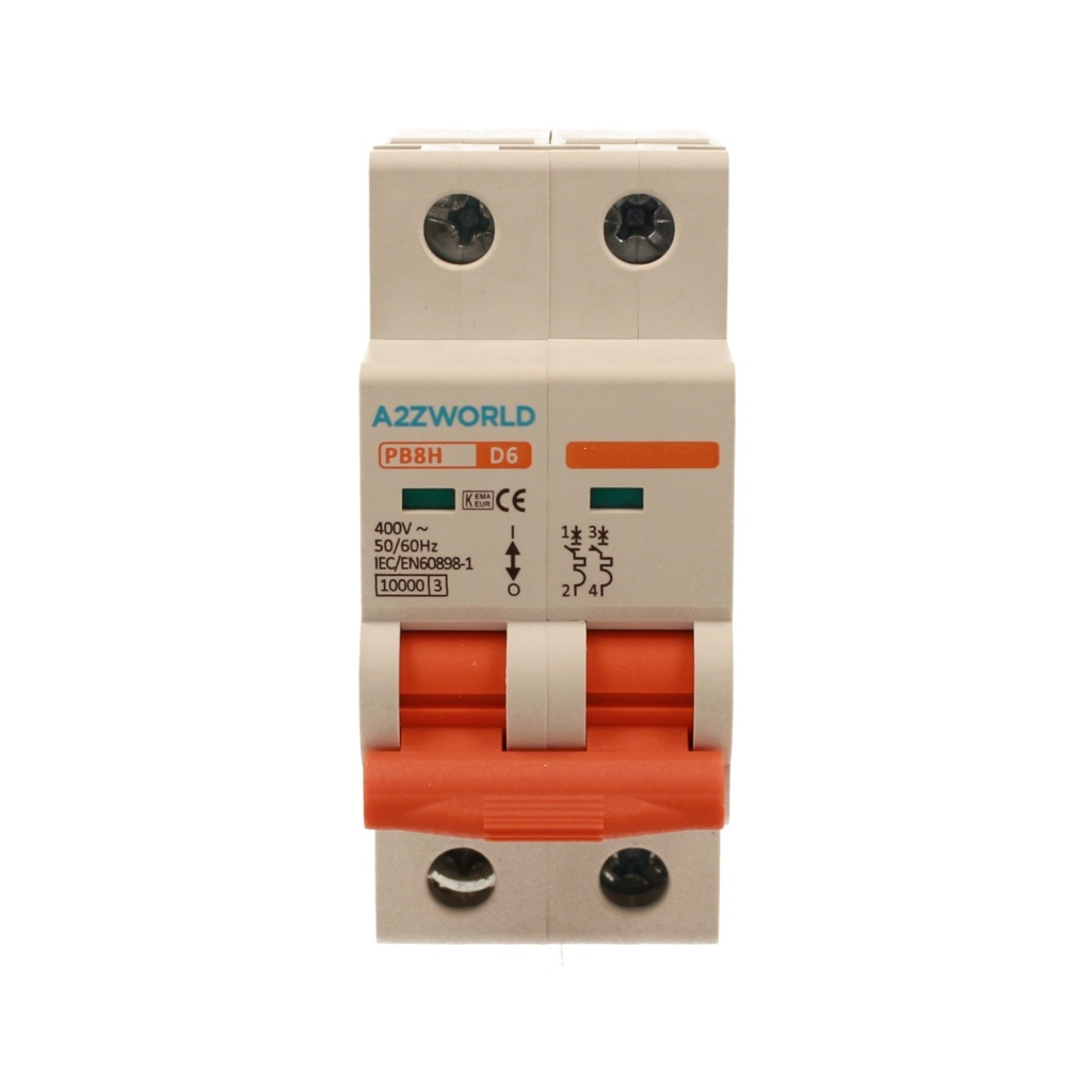A2ZWORLD MCB Interruttore Magnetotermico Automatico Curva D 2P 2M 10000A D6A AC 400V IP20 IEC60898-1 PB8H