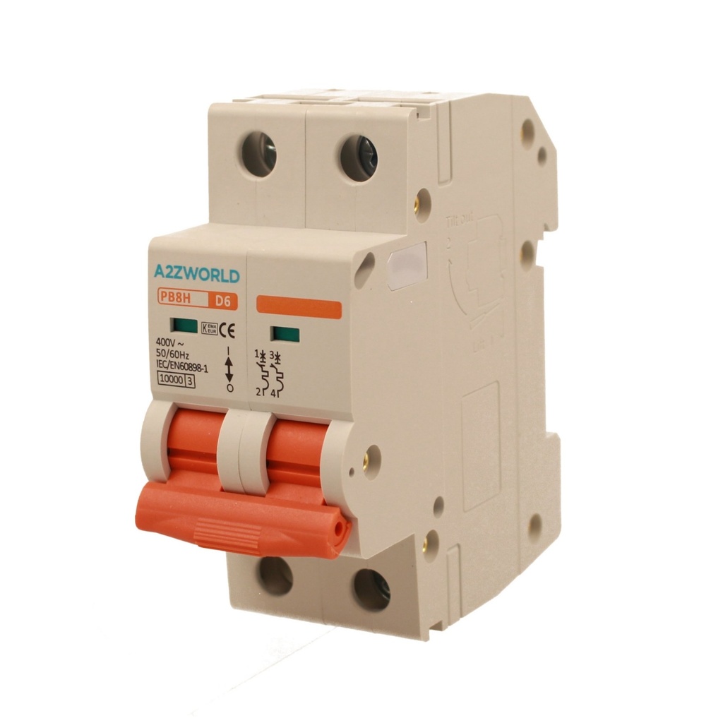 A2ZWORLD MCB Interruttore Magnetotermico Automatico Curva D 2P 2M 10000A D6A AC 400V IP20 IEC60898-1 PB8H