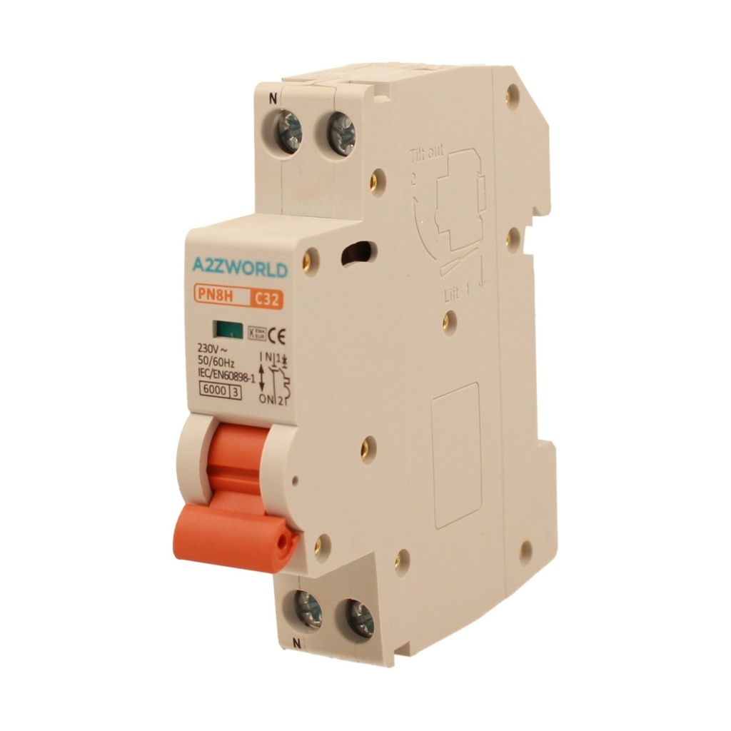 A2ZWORLD MCB Interruttore Magnetotermico Automatico Curva C 1P+N 1M 6000A C32A AC 230V IP20 IEC60898-1 PN8H