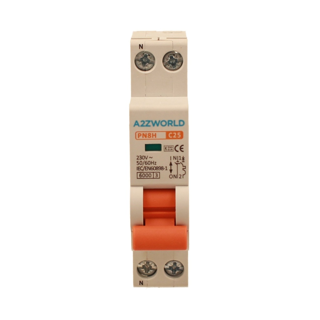 A2ZWORLD MCB Interruttore Magnetotermico Automatico Curva C 1P+N 1M 6000A C25A AC 230V IP20 IEC60898-1 PN8H