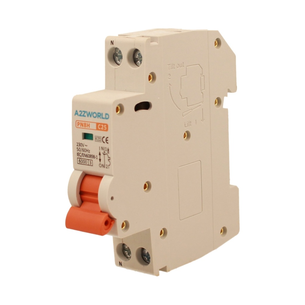 A2ZWORLD MCB Interruttore Magnetotermico Automatico Curva C 1P+N 1M 6000A C25A AC 230V IP20 IEC60898-1 PN8H
