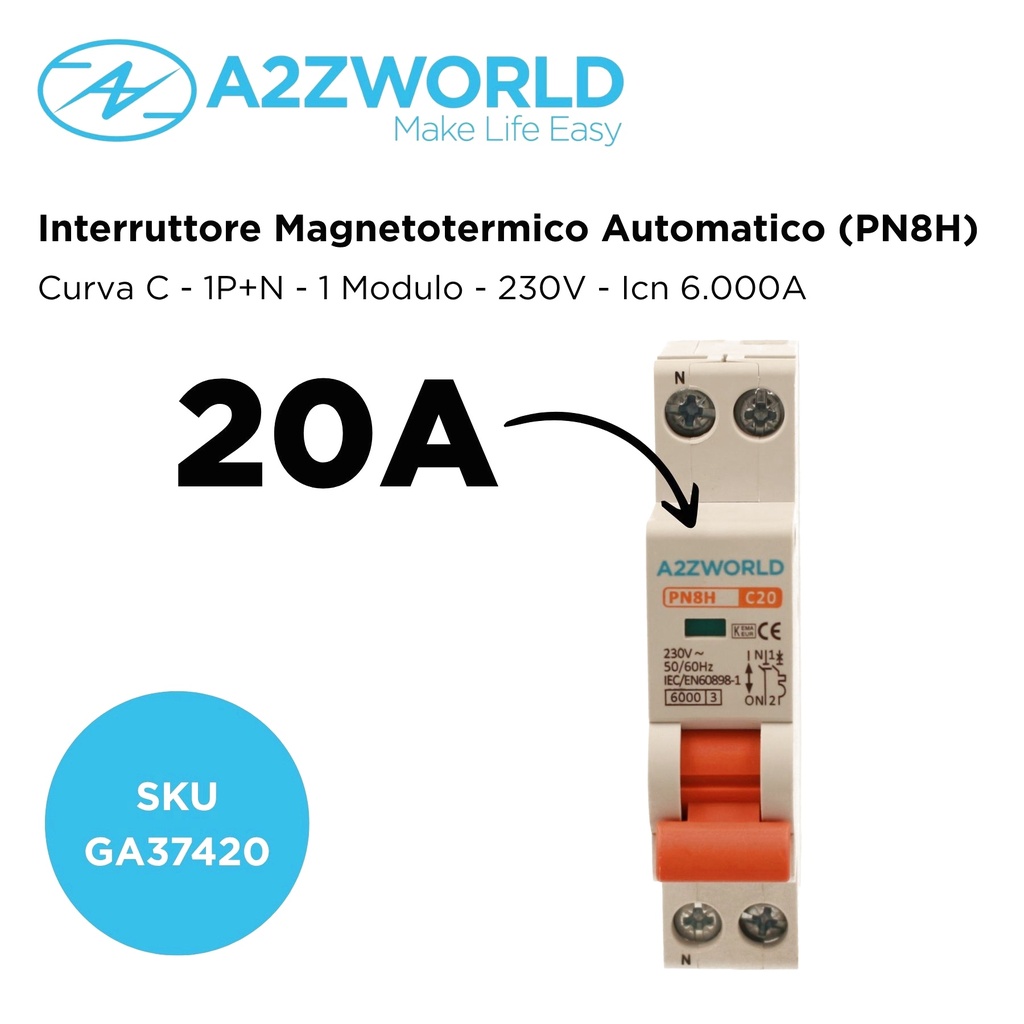 MCB Interruttore Magnetotermico Automatico Curva C 1P+N 1M 6000A C20A AC 230V IP20 PN8H