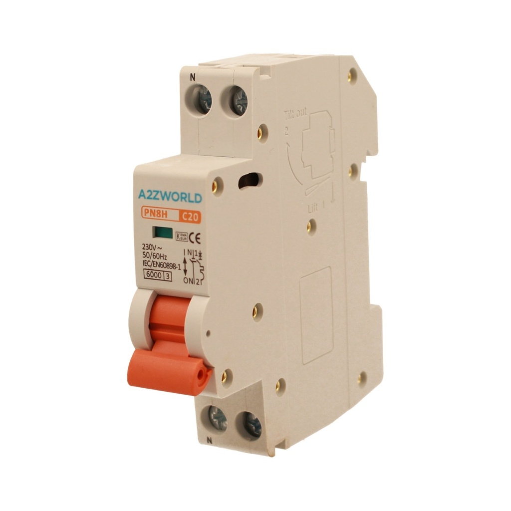 A2ZWORLD MCB Interruttore Magnetotermico Automatico Curva C 1P+N 1M 6000A C20A AC 230V IP20 IEC60898-1 PN8H