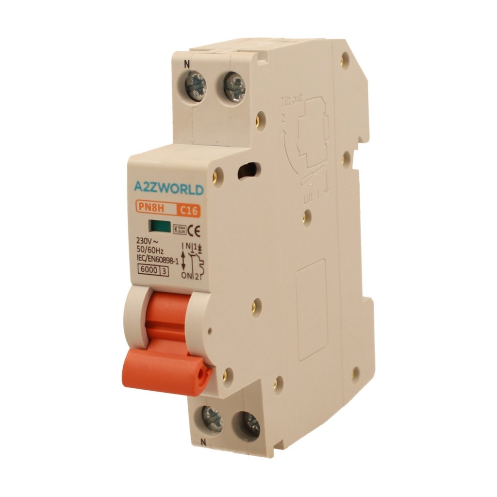 A2ZWORLD MCB Interruttore Magnetotermico Automatico Curva C 1P+N 1M 6000A C16A AC 230V IP20 IEC60898-1 PN8H