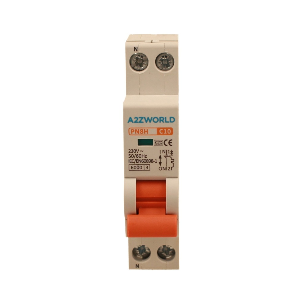 A2ZWORLD MCB Interruttore Magnetotermico Automatico Curva C 1P+N 1M 6000A C10A AC 230V IP20 IEC60898-1 PN8H