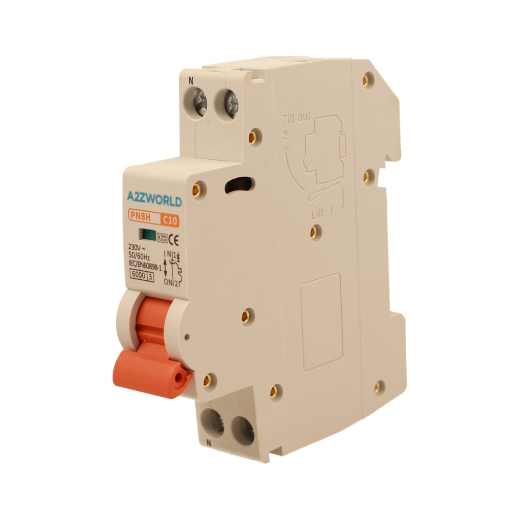 A2ZWORLD MCB Interruttore Magnetotermico Automatico Curva C 1P+N 1M 6000A C10A AC 230V IP20 IEC60898-1 PN8H