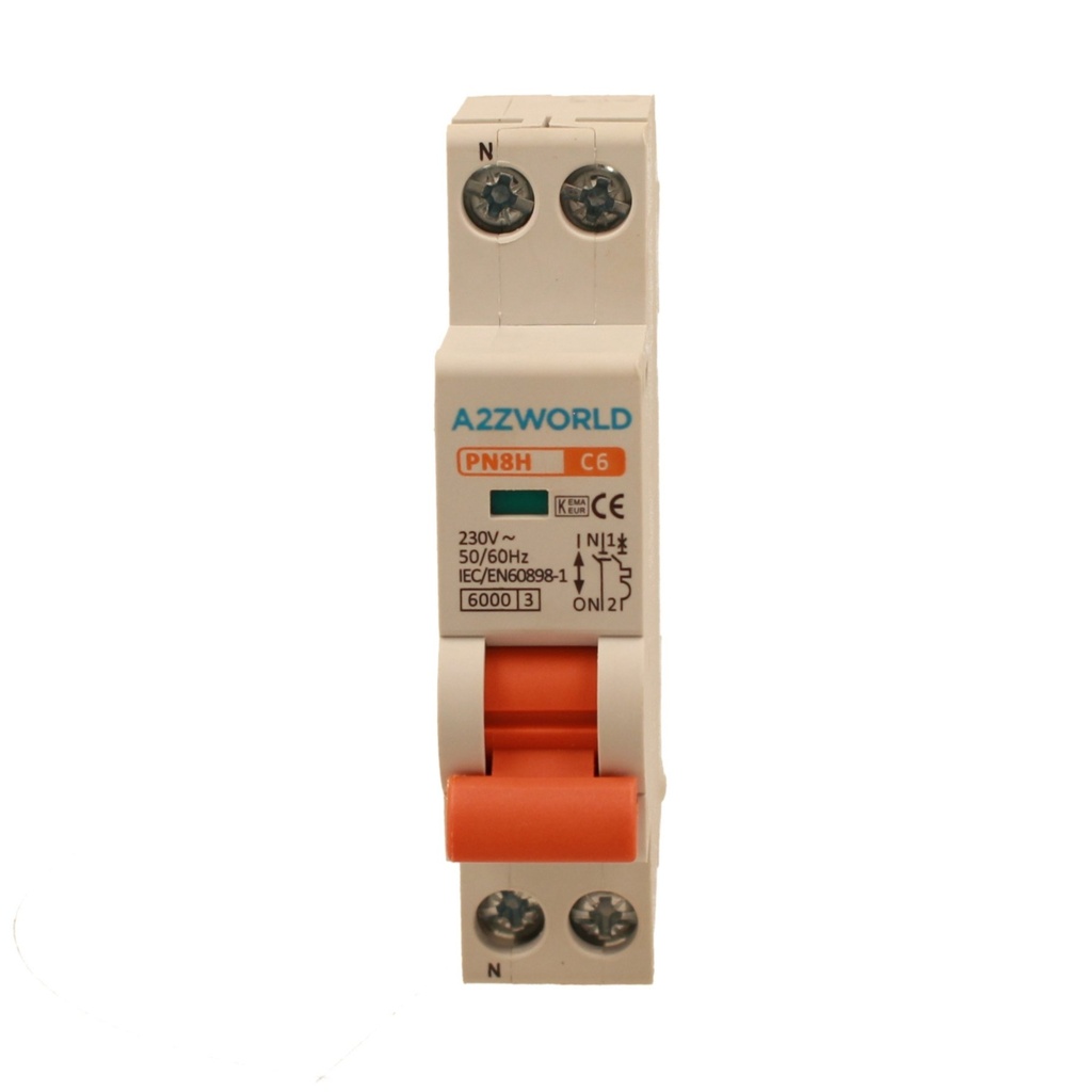 A2ZWORLD MCB Interruttore Magnetotermico Automatico Curva C 1P+N 1M 6000A C6A AC 230V IP20 IEC60898-1 PN8H