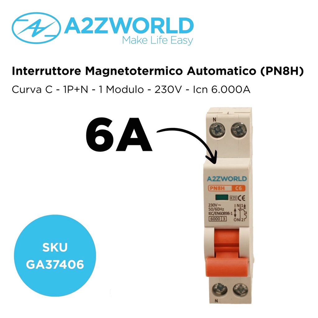 MCB Interruttore Magnetotermico Automatico Curva C 1P+N 1M 6000A C6A AC 230V IP20 PN8H