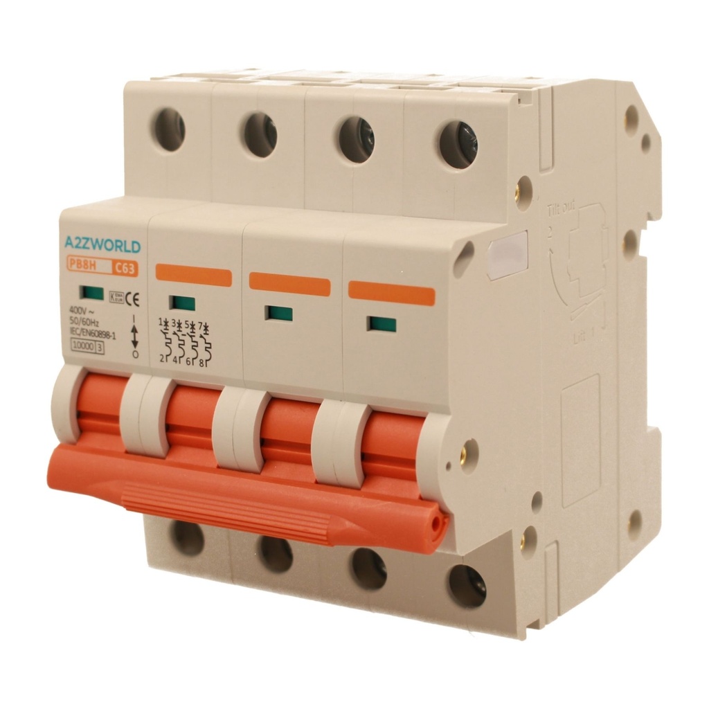 MCB Interruttore Magnetotermico Automatico Curva C 4P 4M 10000A C63A AC 400V IP20 IEC60898-1 PB8H