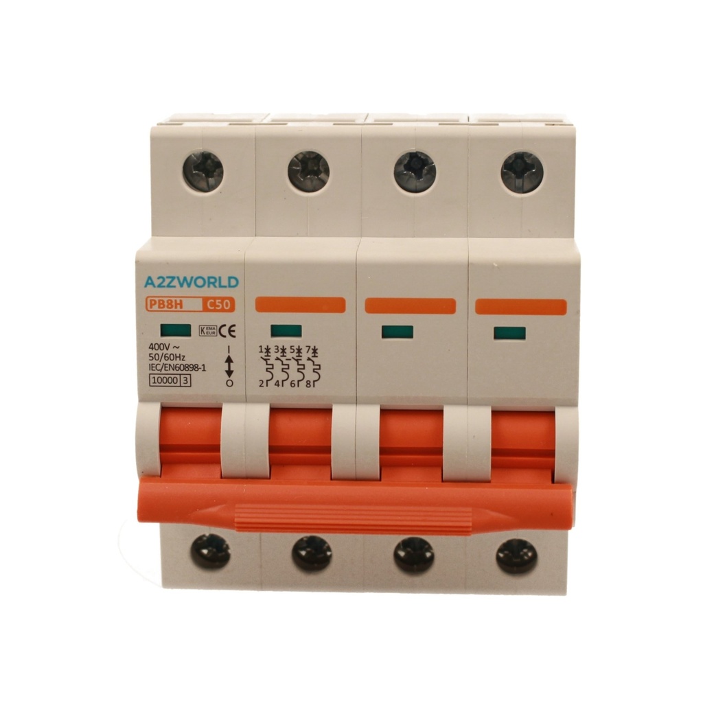 A2ZWORLD MCB Interruttore Magnetotermico Automatico Curva C 4P 4M 10000A C50A AC 400V IP20 IEC60898-1 PB8H