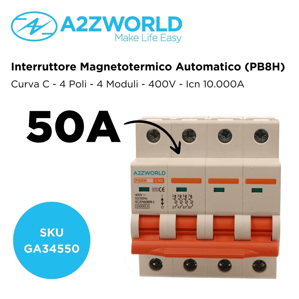 MCB Interruttore Magnetotermico Automatico Curva C 4P 4M 10000A C50A AC 400V IP20 IEC60898-1 PB8H