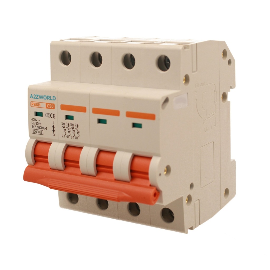 A2ZWORLD MCB Interruttore Magnetotermico Automatico Curva C 4P 4M 10000A C50A AC 400V IP20 IEC60898-1 PB8H