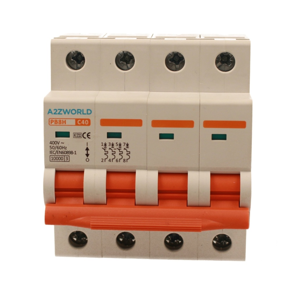 A2ZWORLD MCB Interruttore Magnetotermico Automatico Curva C 4P 4M 10000A C40A AC 400V IP20 IEC60898-1 PB8H