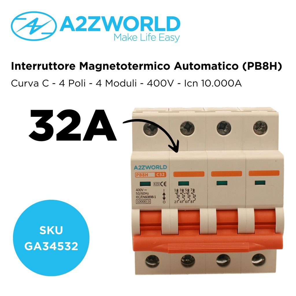 MCB Interruttore Magnetotermico Automatico Curva C 4P 4M 10000A C32A AC 400V IP20 IEC60898-1 PB8H