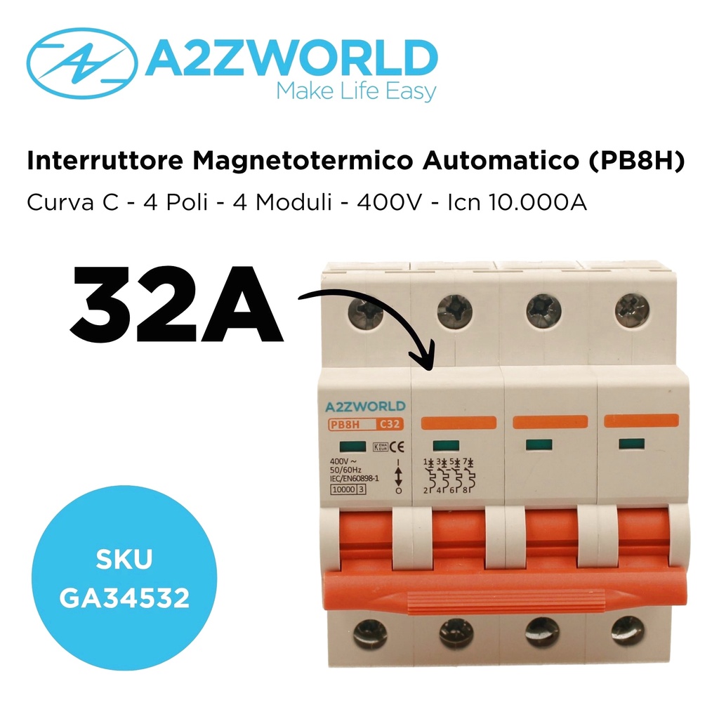 MCB Interruttore Magnetotermico Trifase 380V 32A Curva C 4P 4M 10000A C32A AC 400V IP20 PB8H