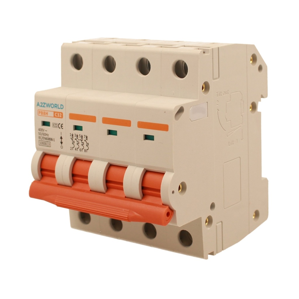 A2ZWORLD MCB Interruttore Magnetotermico Automatico Curva C 4P 4M 10000A C32A AC 400V IP20 IEC60898-1 PB8H