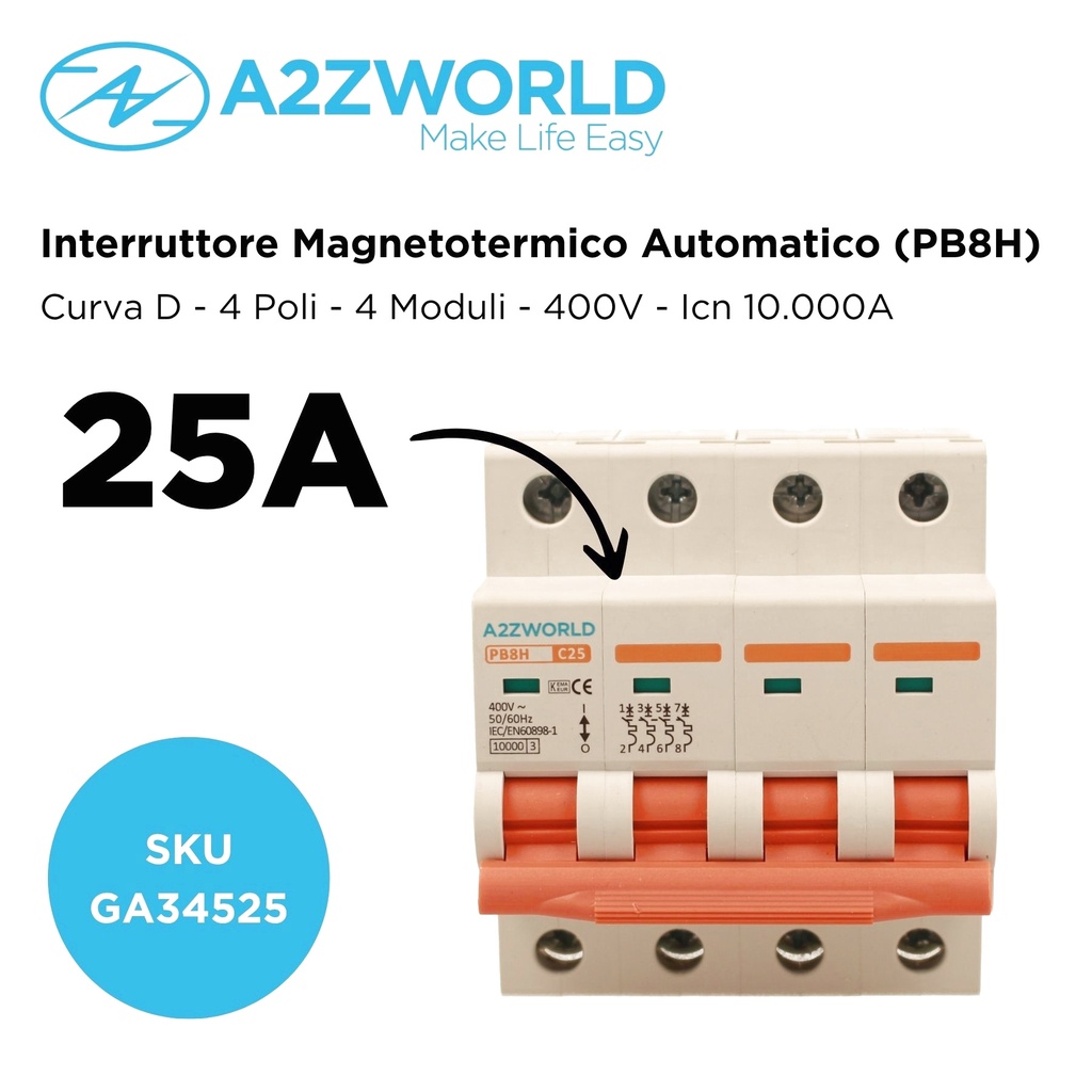 MCB Interruttore Magnetotermico Trifase 380V 25A Curva C 4P 4M 10000A C25A AC 400V IP20 PB8H