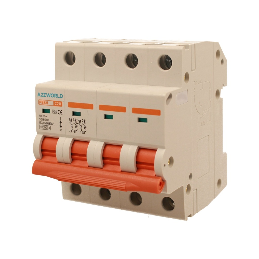 A2ZWORLD MCB Interruttore Magnetotermico Automatico Curva C 4P 4M 10000A C20A AC 400V IP20 IEC60898-1 PB8H