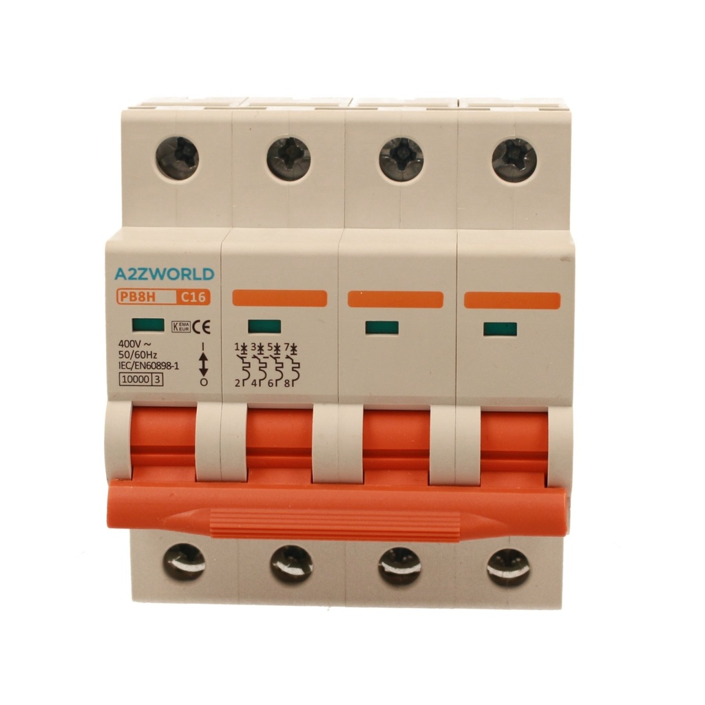A2ZWORLD MCB Interruttore Magnetotermico Automatico Curva C 4P 4M 10000A C16A AC 400V IP20 IEC60898-1 PB8H