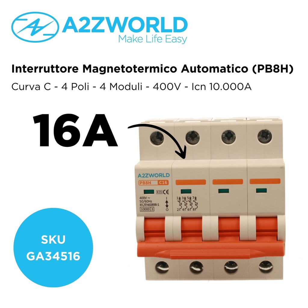 MCB Interruttore Magnetotermico Automatico Curva C 4P 4M 10000A C16A AC 400V IP20 IEC60898-1 PB8H